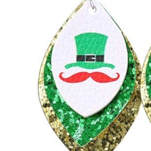 St. Patrick’s Day Hat & Mustache on Green Glitter Layered Faux Leather Earrings - Picture 5 of 6